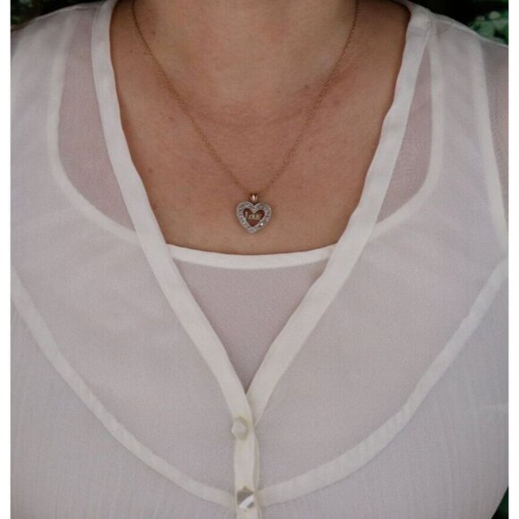 10K Yellow Gold Diamond Love Heart Heart Necklace 18" Chain - Picture 4 of 8